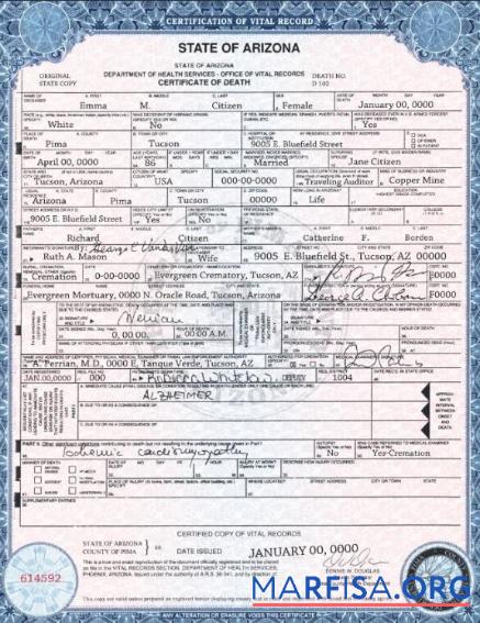 Blank USA state Arizona death certificate template in PSD format
